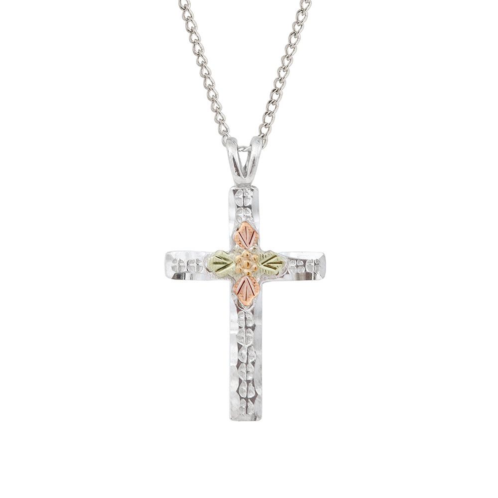 Cross Pendant Necklace, Sterling Silver, 12k Green and Rose Gold Black Hills Gold Motif 