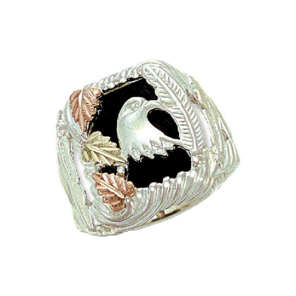 Men's Eagle and Onyx Ring, Sterling Silver, 12k Rose Gold Black Hills Gold Motif. 