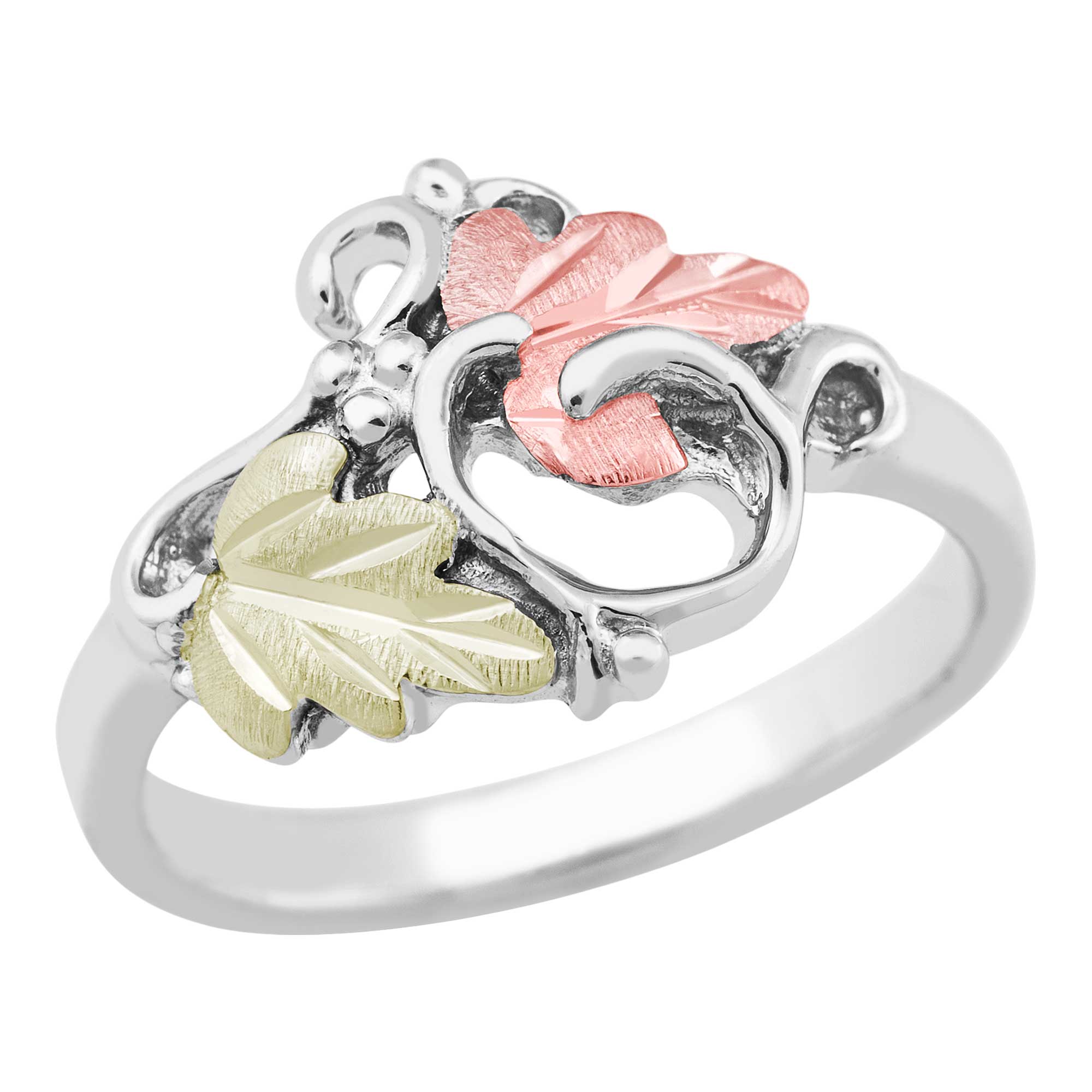 Leaves and Swirls Vines Ring, Sterling Silver, 12k Green and Rose Gold Black Hills Gold Motif