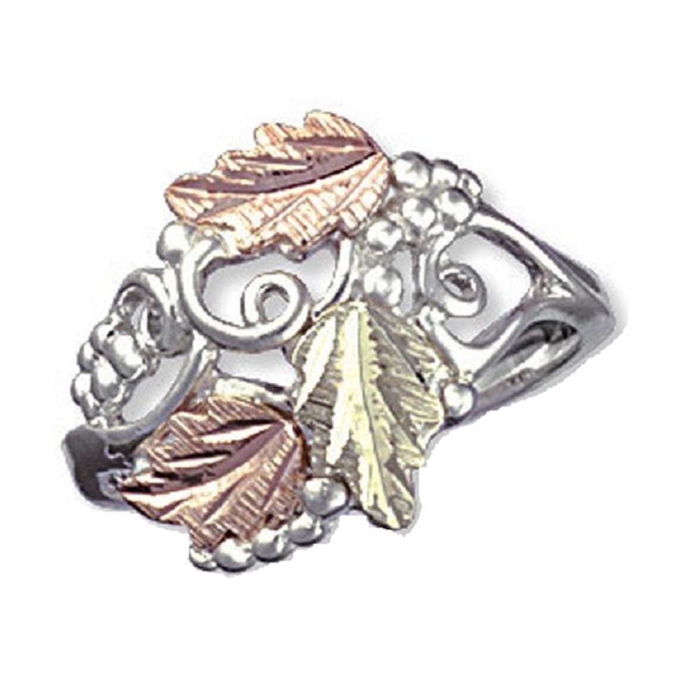 Sterling Silver Grape Vines and Leaves Ring with Black Hills Gold motif.