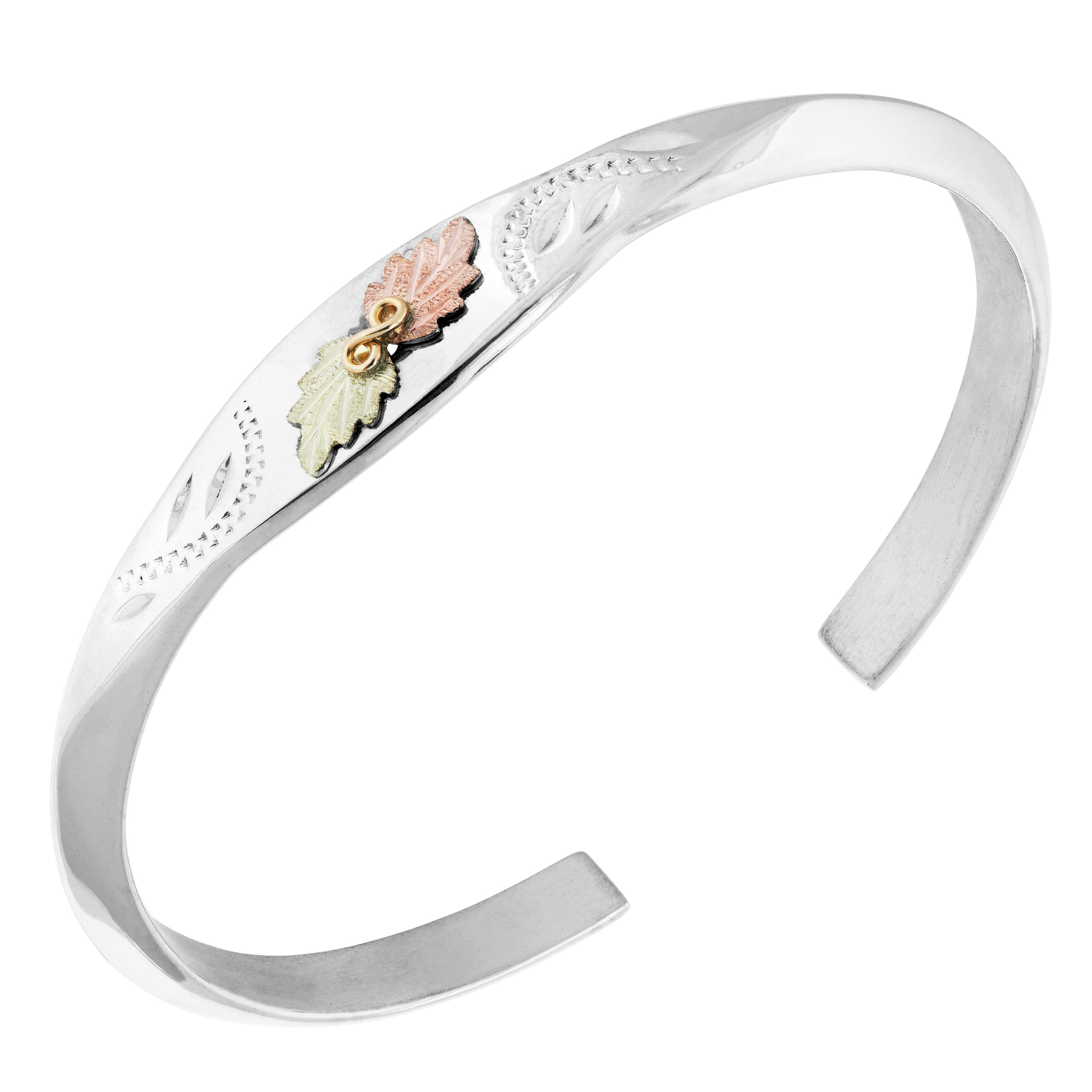 Bangle Cuff Bracelet, Sterling Silver, 12k Green and Rose Gold Black Hills Gold Motif 