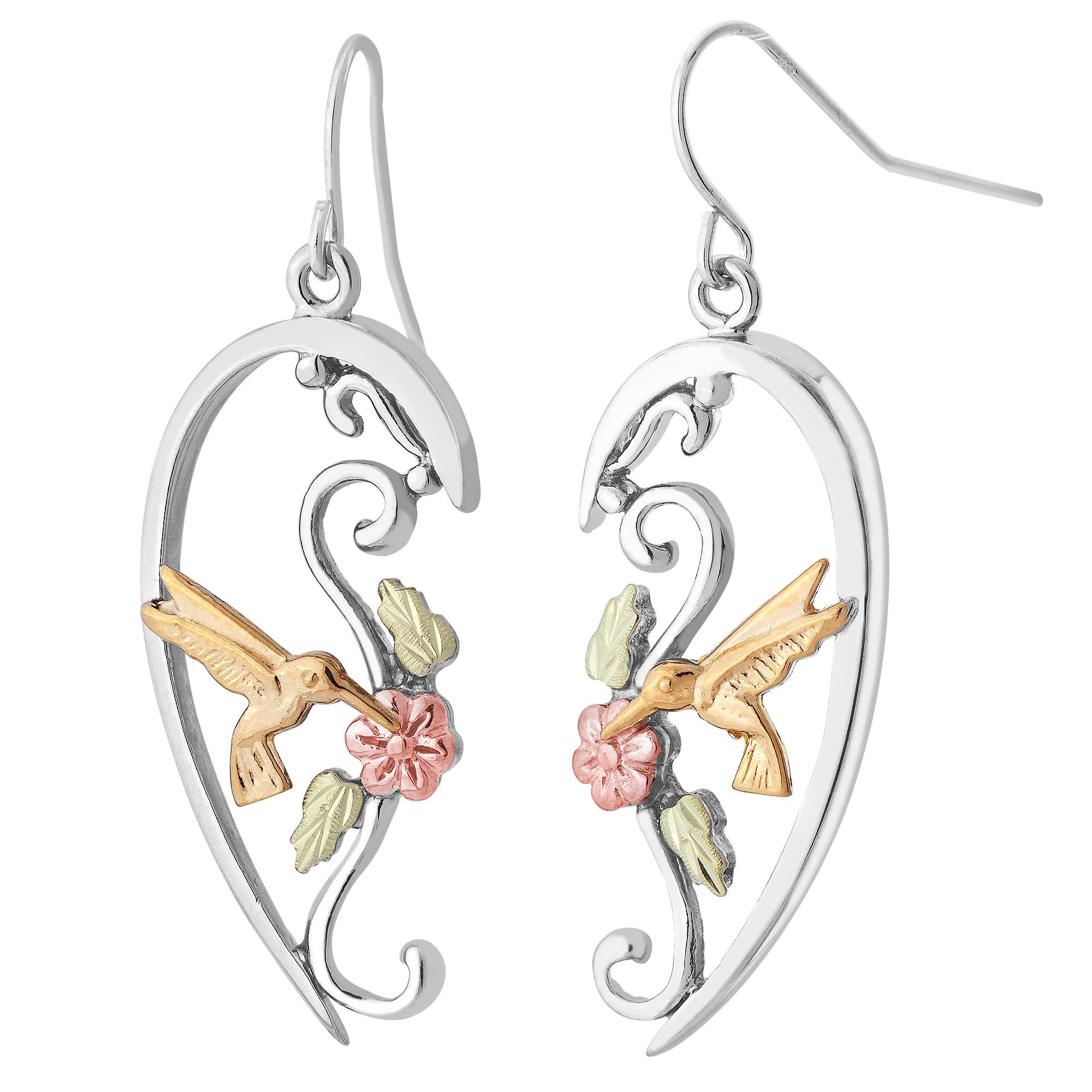 Sterling Silver Hummingbird Half-Heart Hook Earrings with Black Hills Gold motif. 