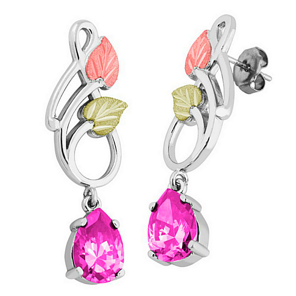 Pear Pink Cubic Zirconia Earring, Sterling Silver, 12k Green and Rose Gold Black Hills Gold Motif