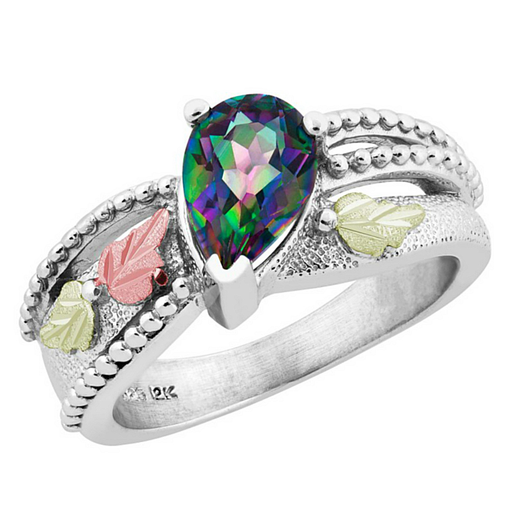 Mystic Fire Topaz Ring, Sterling Silver, 12k Green and Rose Gold Black Hills Gold Motif