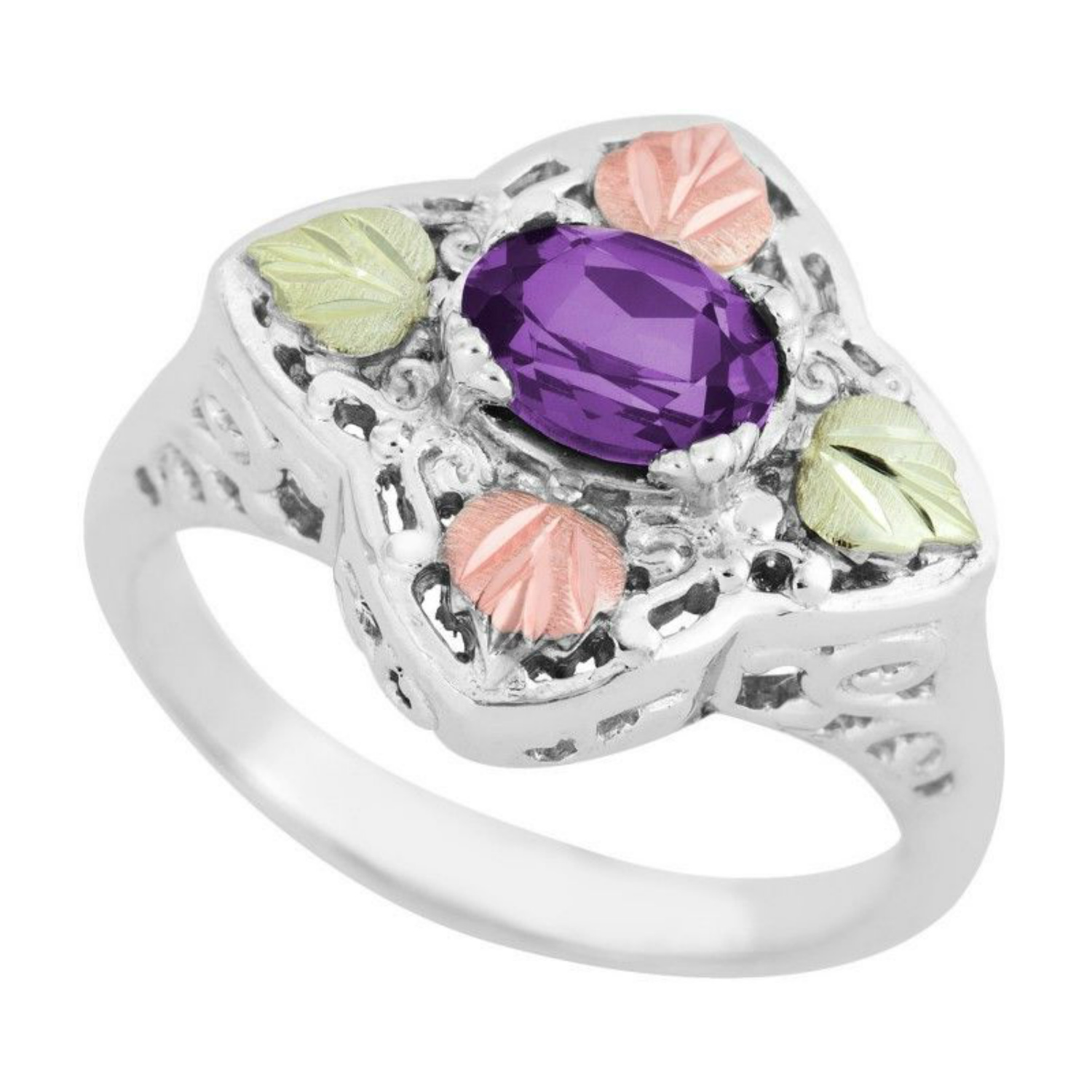 Created Birthstone Ring, Rhodium Plated Sterling Silver, 12k Green and Rose Gold Black Hills Silver Motif.  