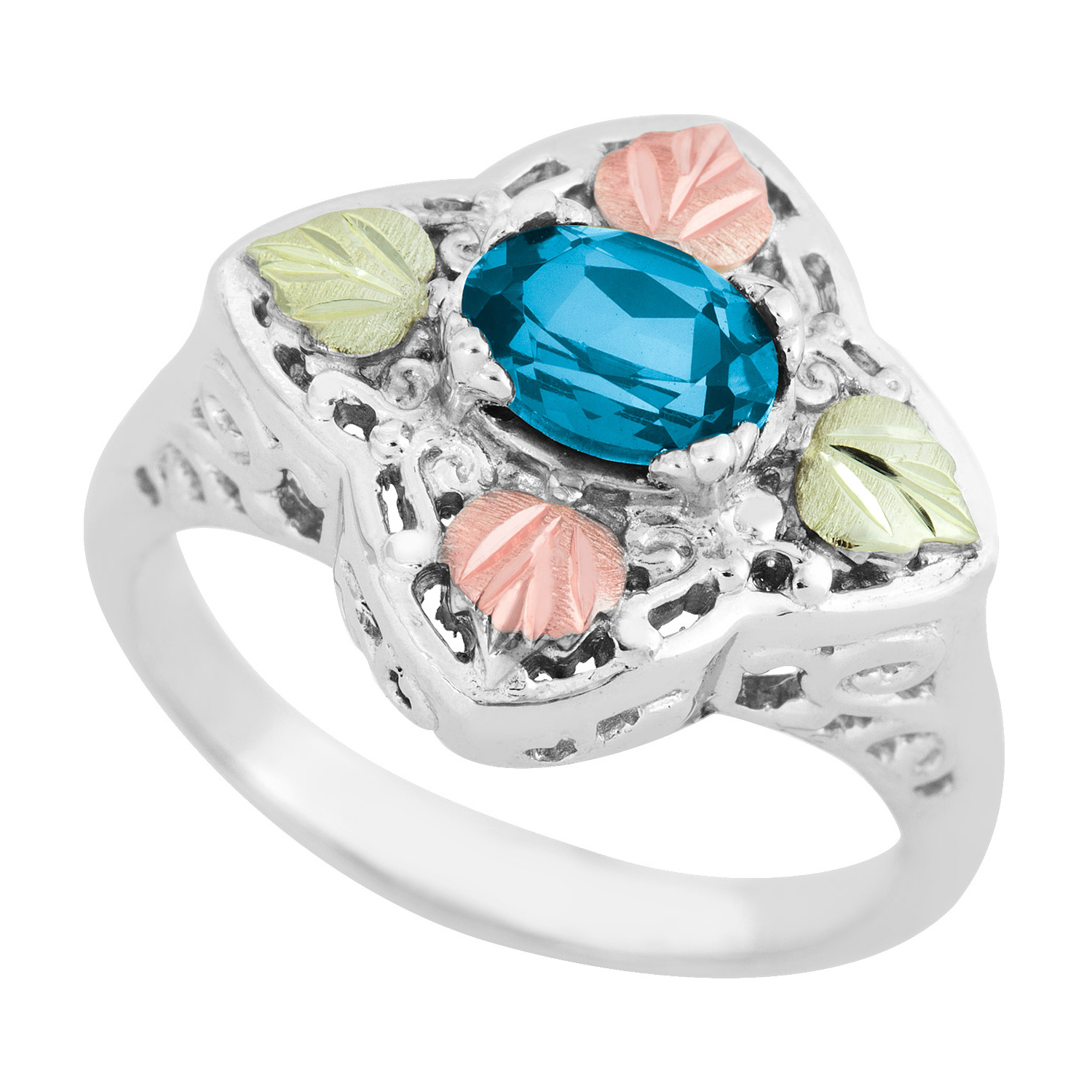 Created Birthstone Ring, Rhodium Plated Sterling Silver, 12k Green and Rose Gold Black Hills Silver Motif.  