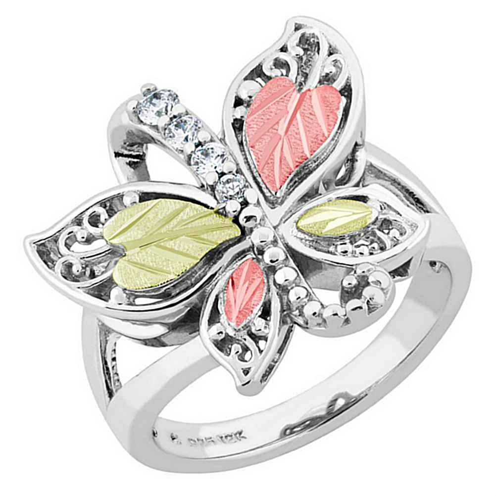 Scrollwork Butterfly with CZ Ring, Sterling Silver, 12k Green and Rose Gold Black Hills Gold Motif