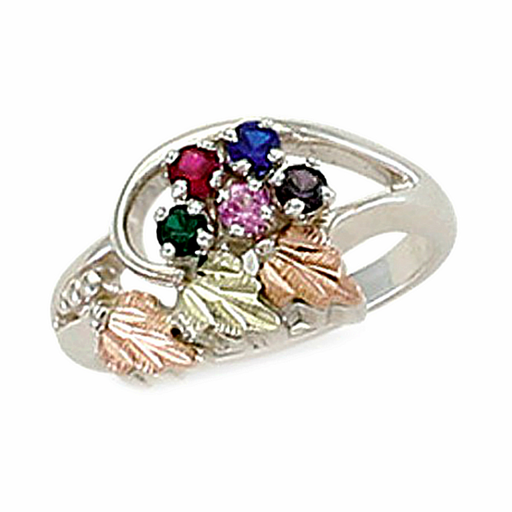Round Genuine Pink Tourmaline, Emerald, Ruby, Blue Sapphire, Smoky Quartz, Swirl Mother's Ring, Sterling Silver, 12k Green and Rose Gold Black Hills Gold Motif.
