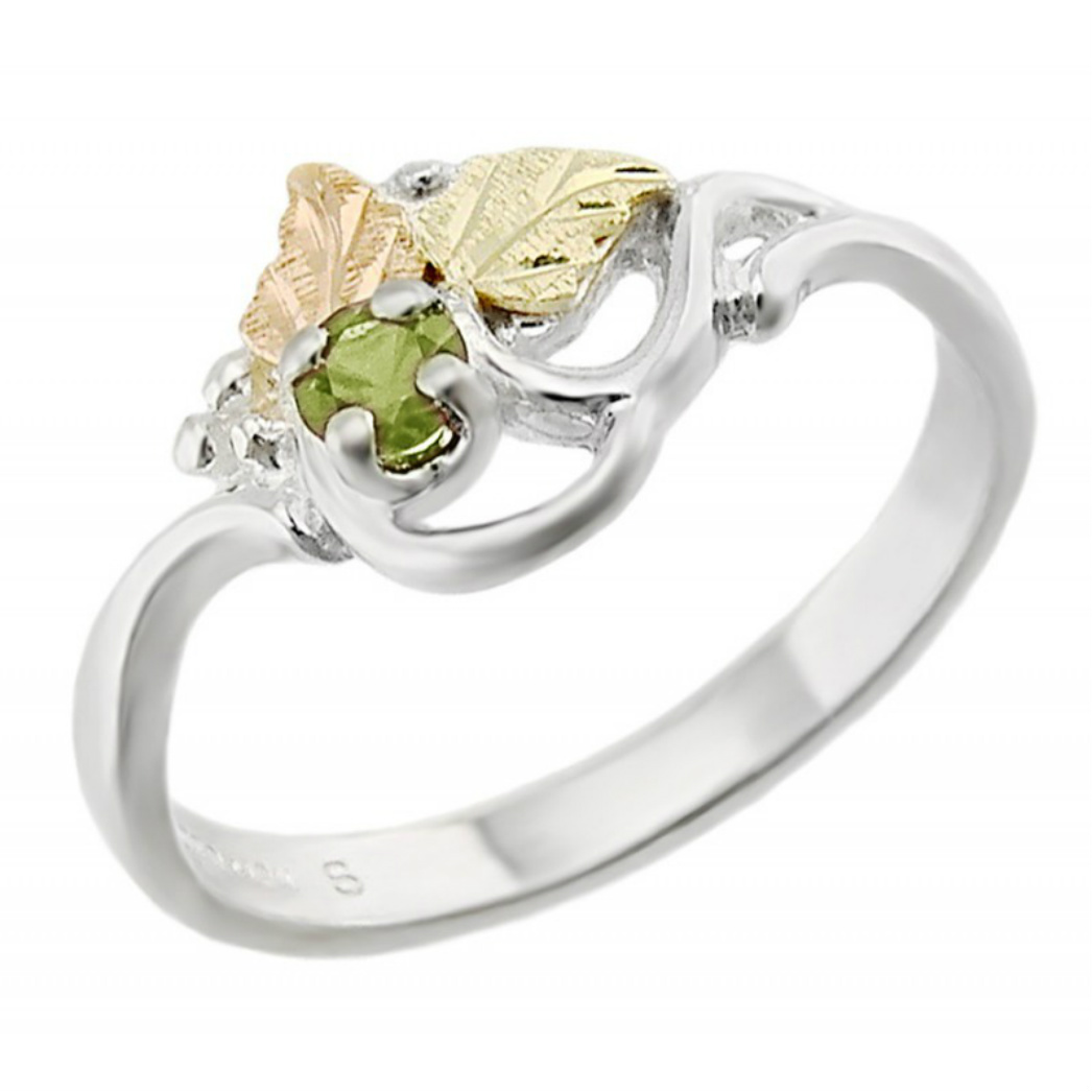 Created Birthstone Ring, Rhodium Plated Sterling Silver, 12k Green and Rose Gold Black Hills Silver Motif. 