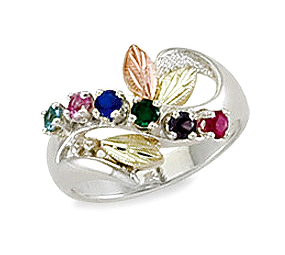 Round Genuine Aquamarine, Pink Tourmaline, Blue Sapphire, Emerald, Smoky Quartz, Ruby Mother's Ring, Sterling Silver, 12k Green and Rose Gold Black Hills Gold Motif.