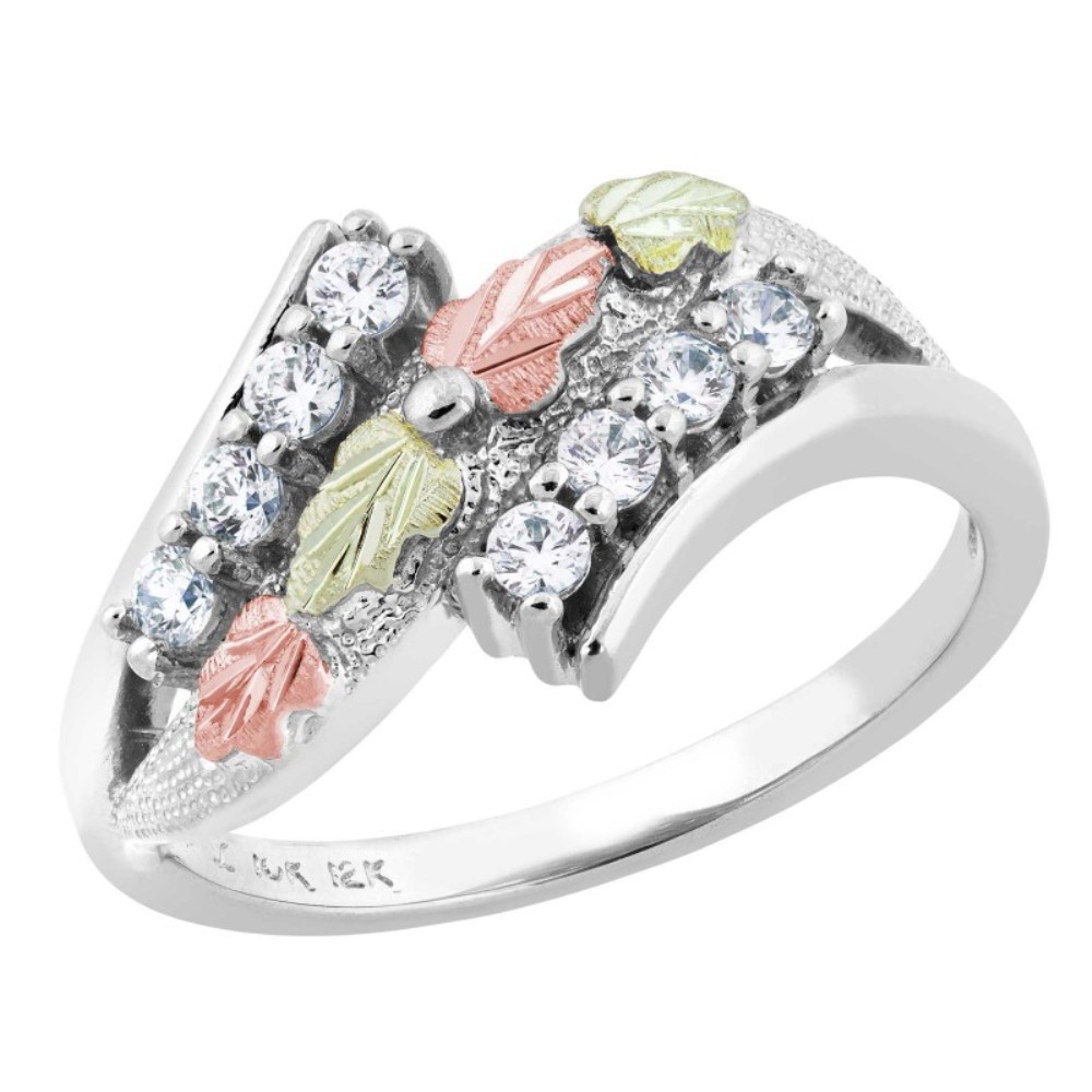 Round CZ Bypass Ring, Sterling Silver, 12k Green and Rose Gold Black Hills Gold Motif