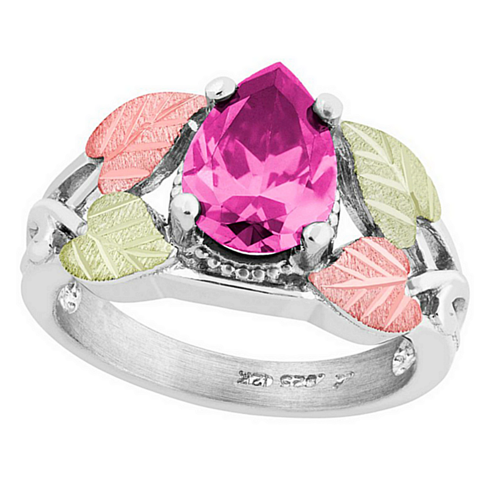 Pink Cubic Zirconia Ring, Sterling Silver, 12k Green and Rose Gold Black Hills Gold Motif