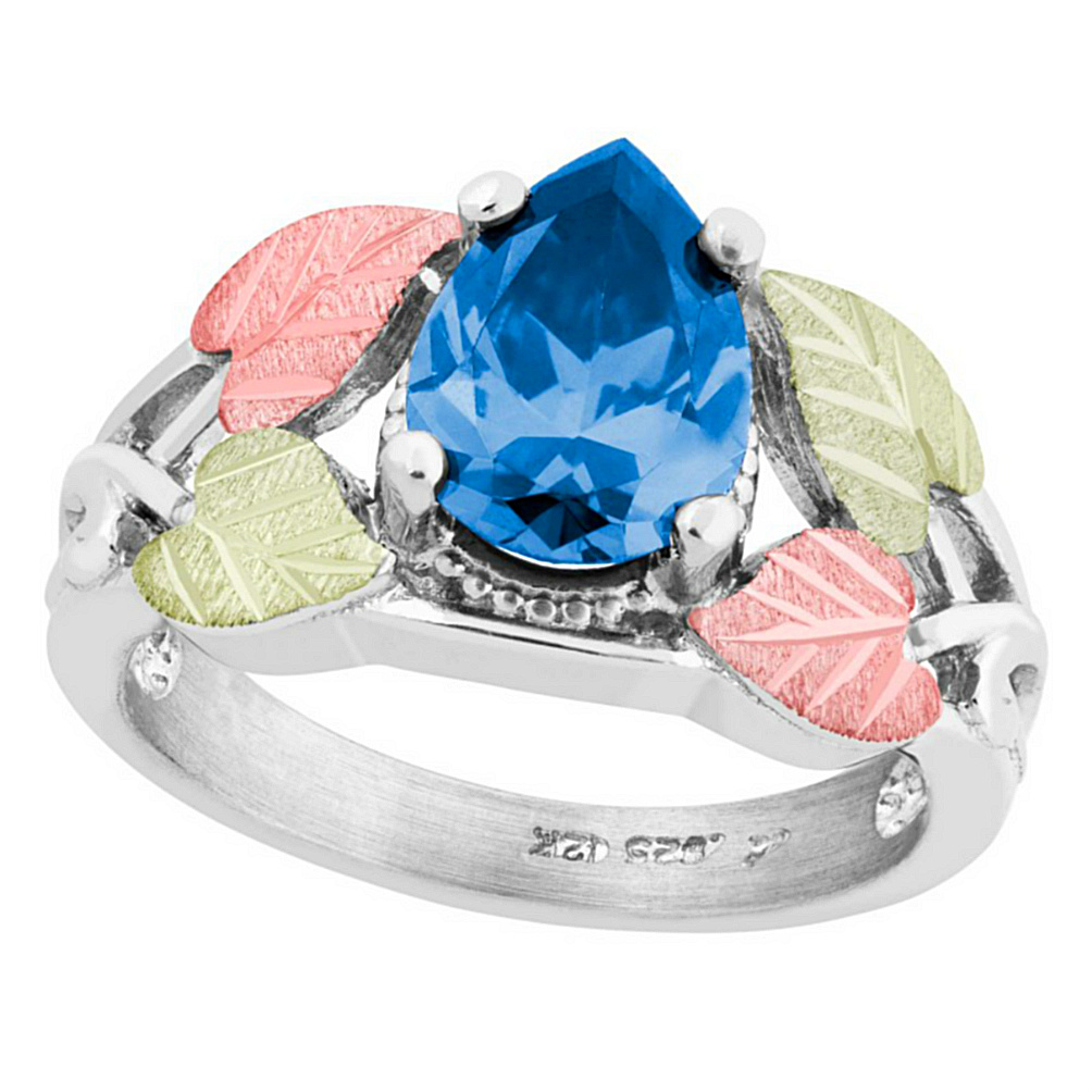 Swiss Blue Cubic Zirconia Ring, Sterling Silver, 12k Green and Rose Gold Black Hills Gold Motif