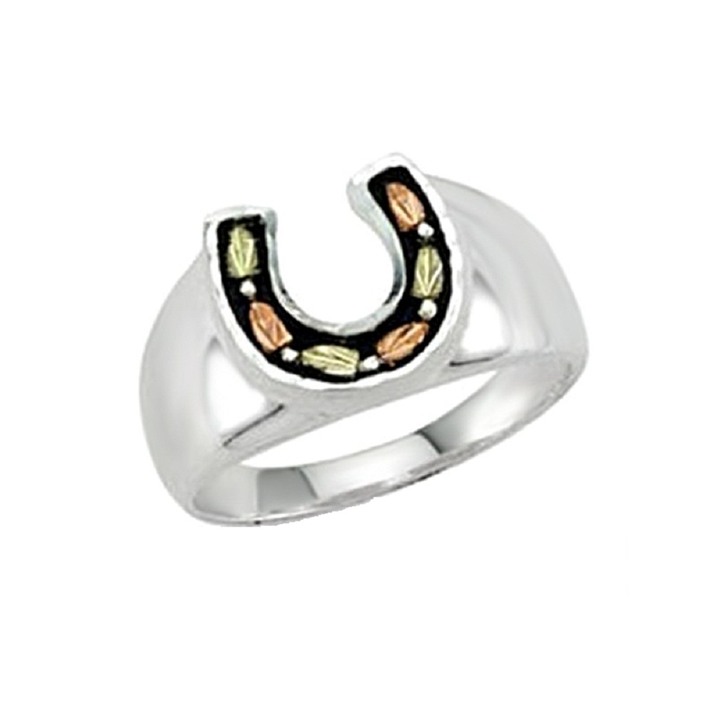 Antiqued Horseshoe Ring with Gemstone and Black Hills Gold motif. 