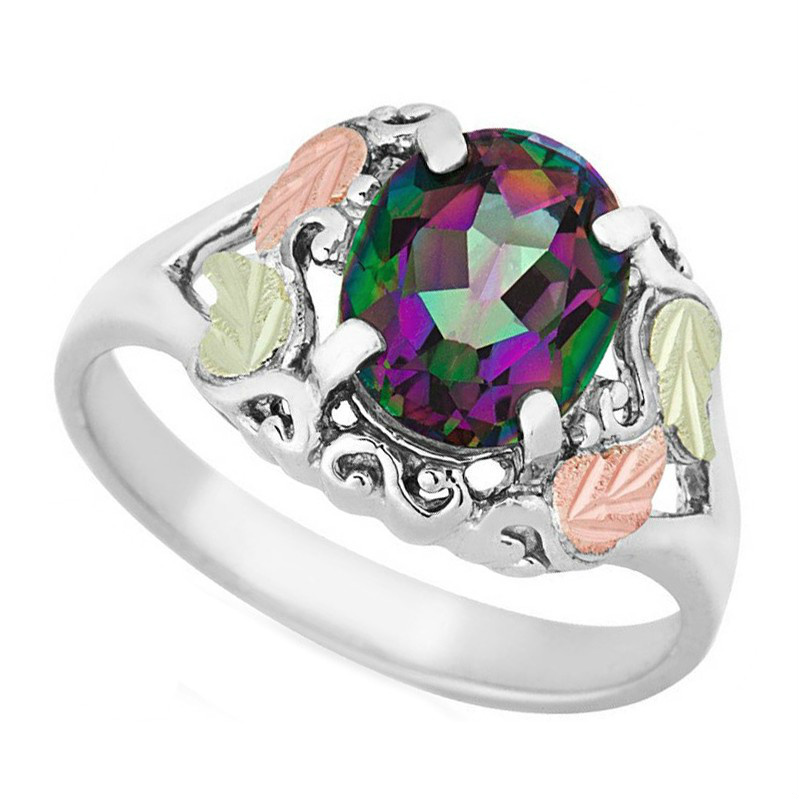 Created Birthstone Ring, Rhodium Plated Sterling Silver, 12k Green and Rose Gold Black Hills Silver Motif. 