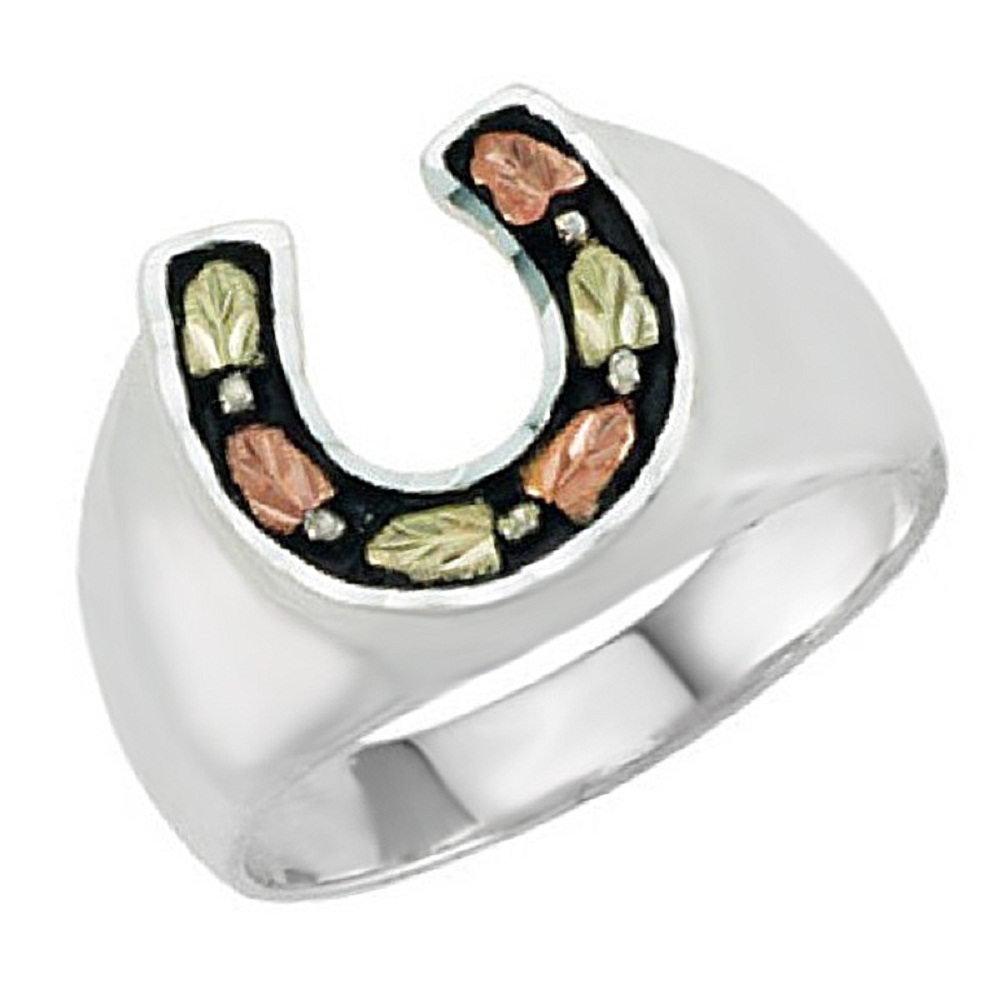 Men's Horseshoe Ring, Sterling Silver, 12k Rose Gold Black Hills Gold Motif. 