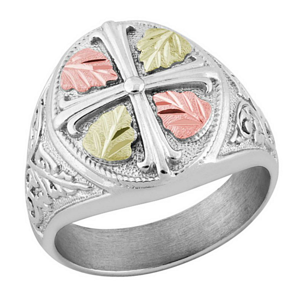 Men's Cross Ring, Sterling Silver, 12k Green and Rose Gold Black Hills Gold Motif