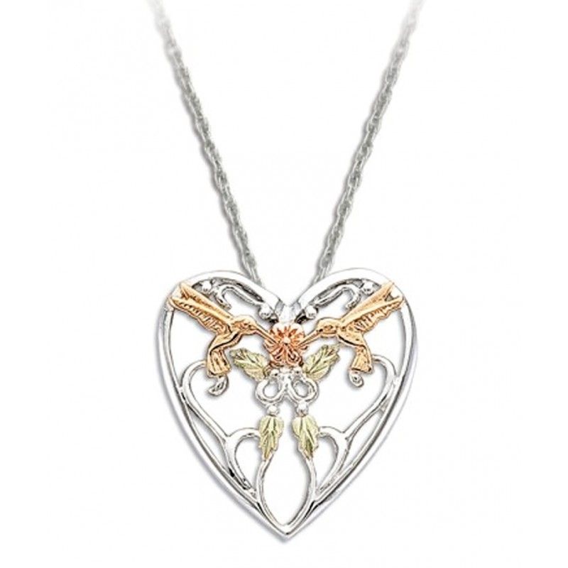 Black Hills Gold Necklace with with Heart shaped Hummingbird motif pendent. 