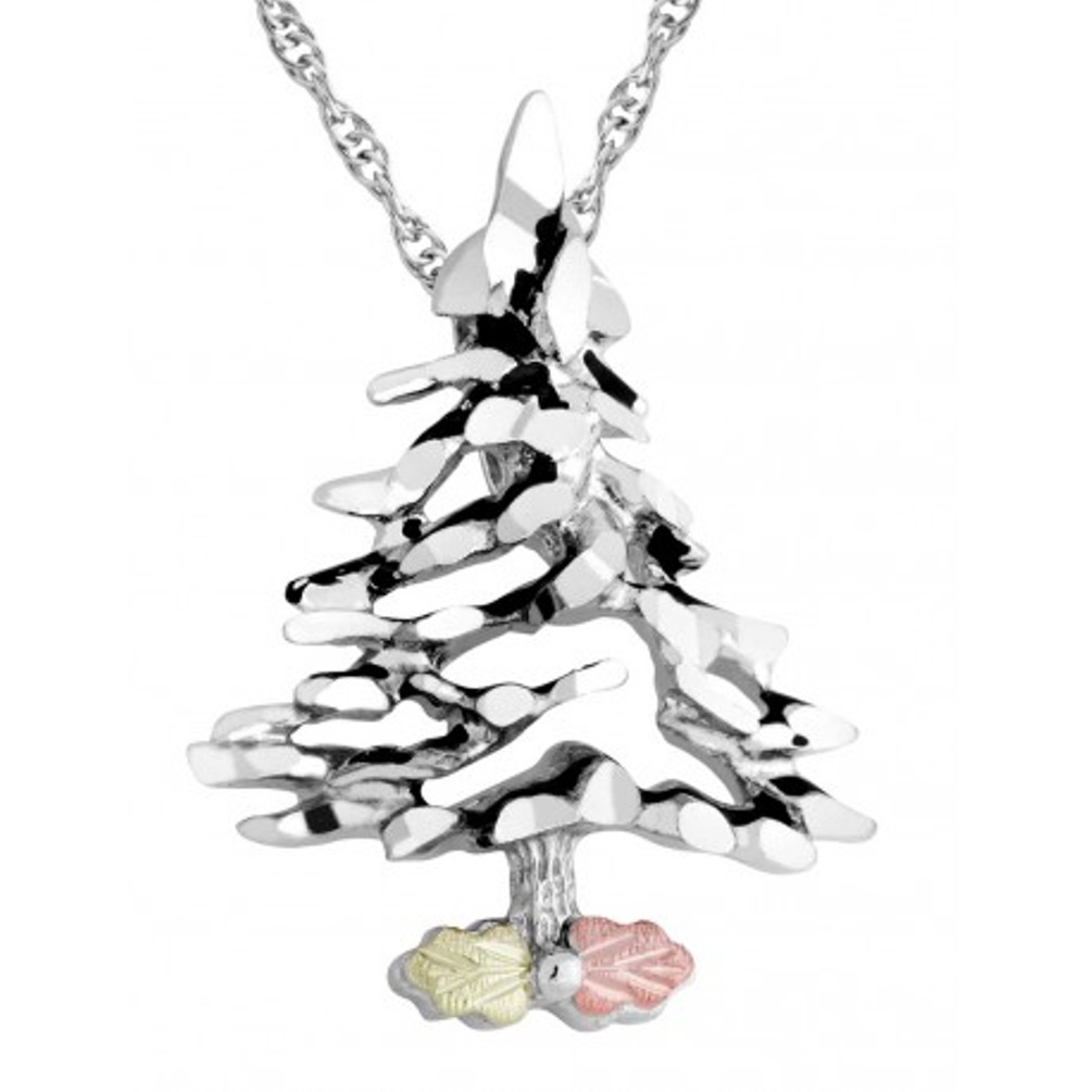 Diamond-Cut Christmas Tree Pendant Necklace, Sterling Silver, 12k Green and Rose Gold Black Hills Gold Motif