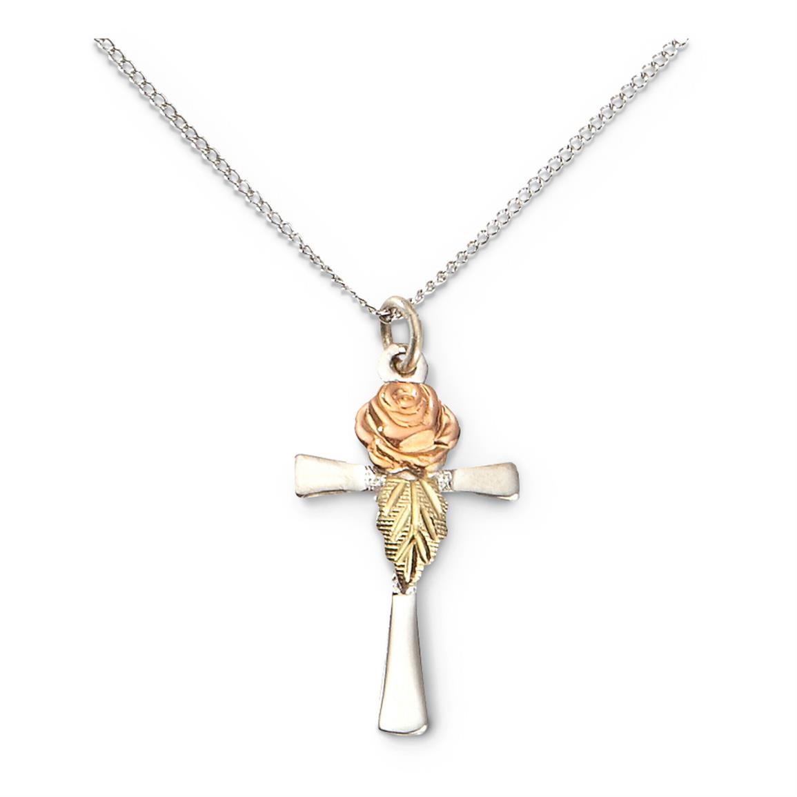 Rose Cross Pendant Necklace, Sterling Silver, 12k Green and Rose Gold Black Hills Gold Motif 