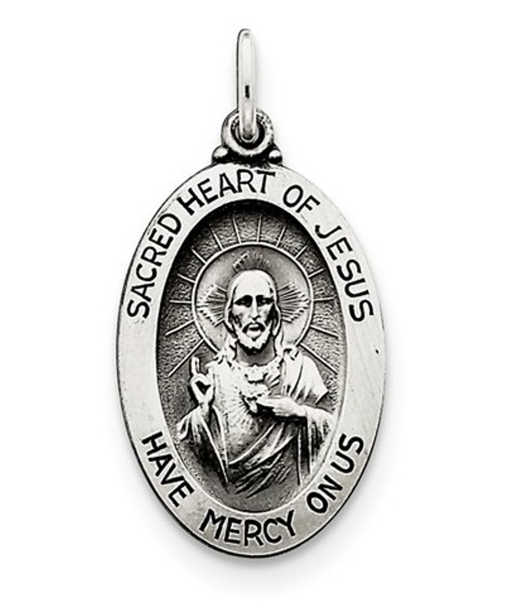 Sterling Silver Antiqued Sacred Heart Of Jesus Medal (26X14MM)