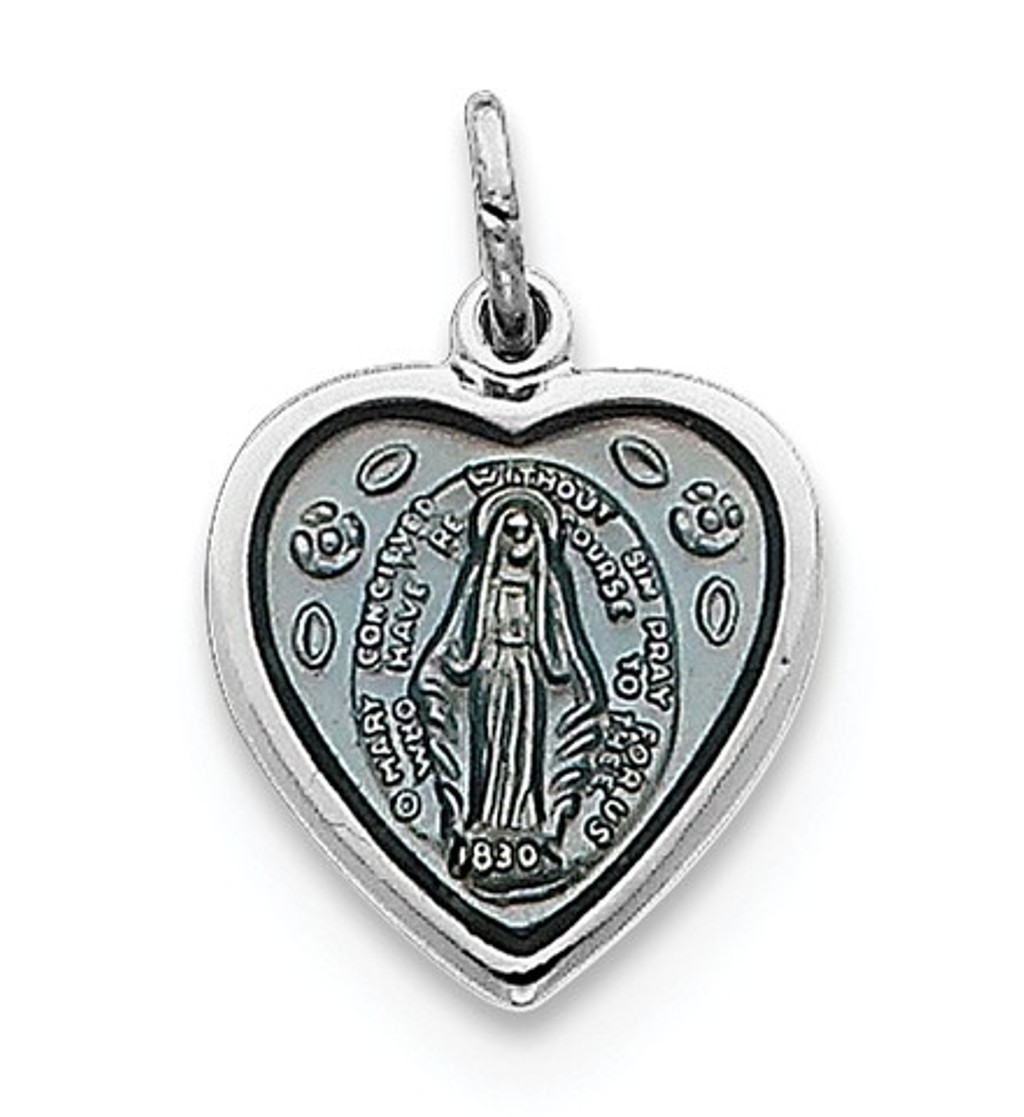 Rhodium-Plated Sterling Silver Miraculous Heart Medal (19X12MM)