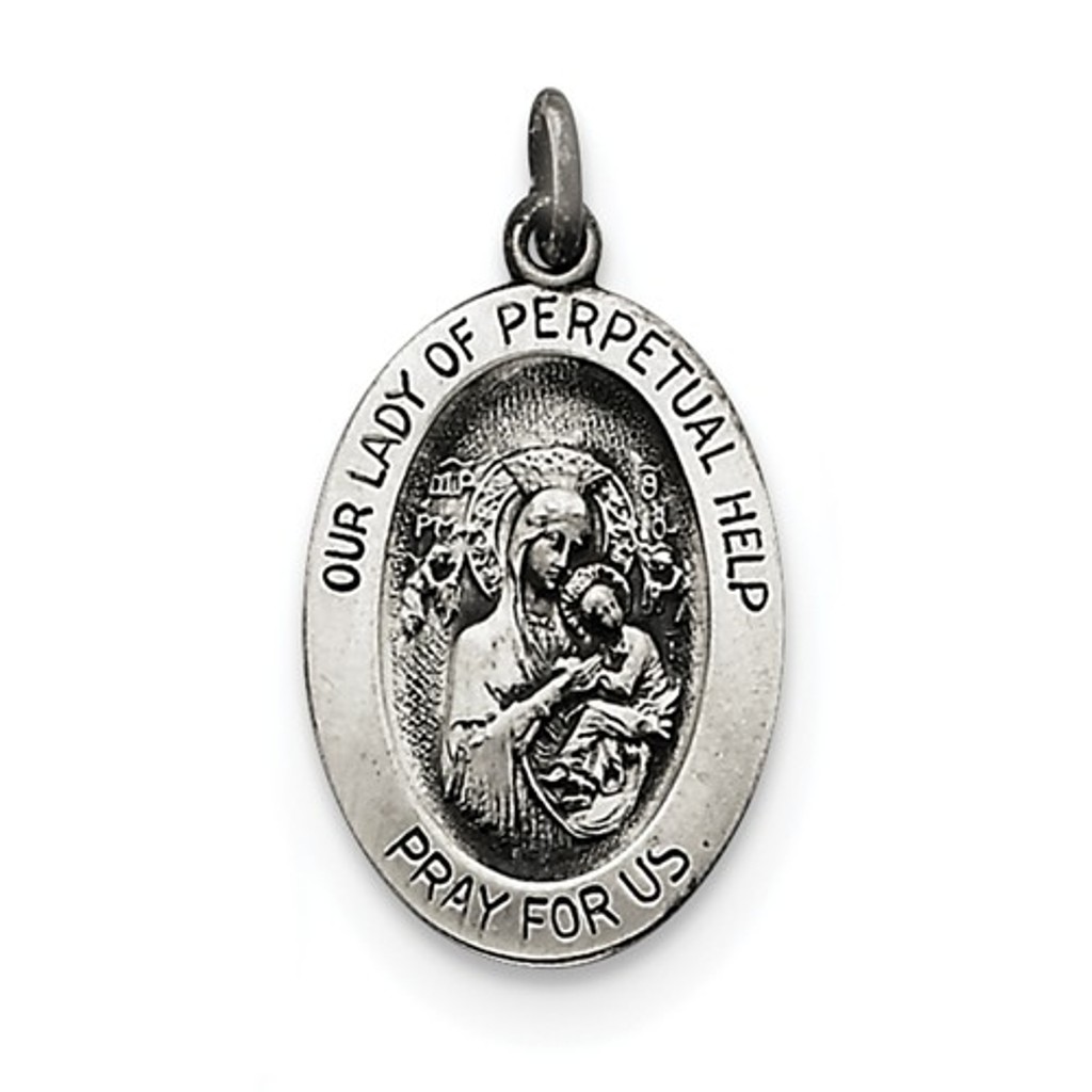 Sterling Silver Antiqued Our Lady Of Perpetual Help Oval Medal