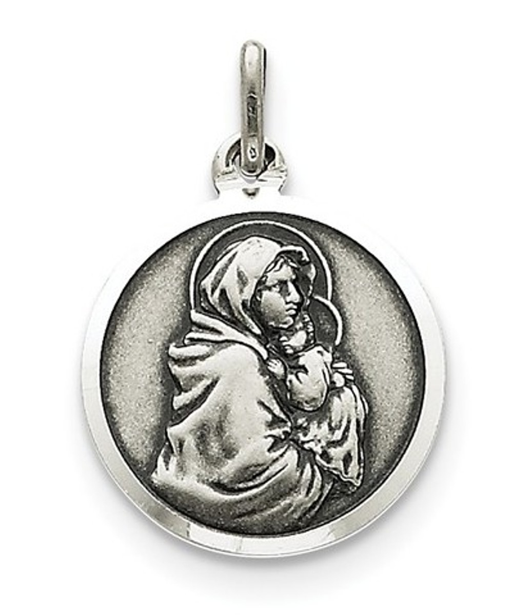 Sterling Silver Antiqued Madonna And Child Medal (26X16MM) 