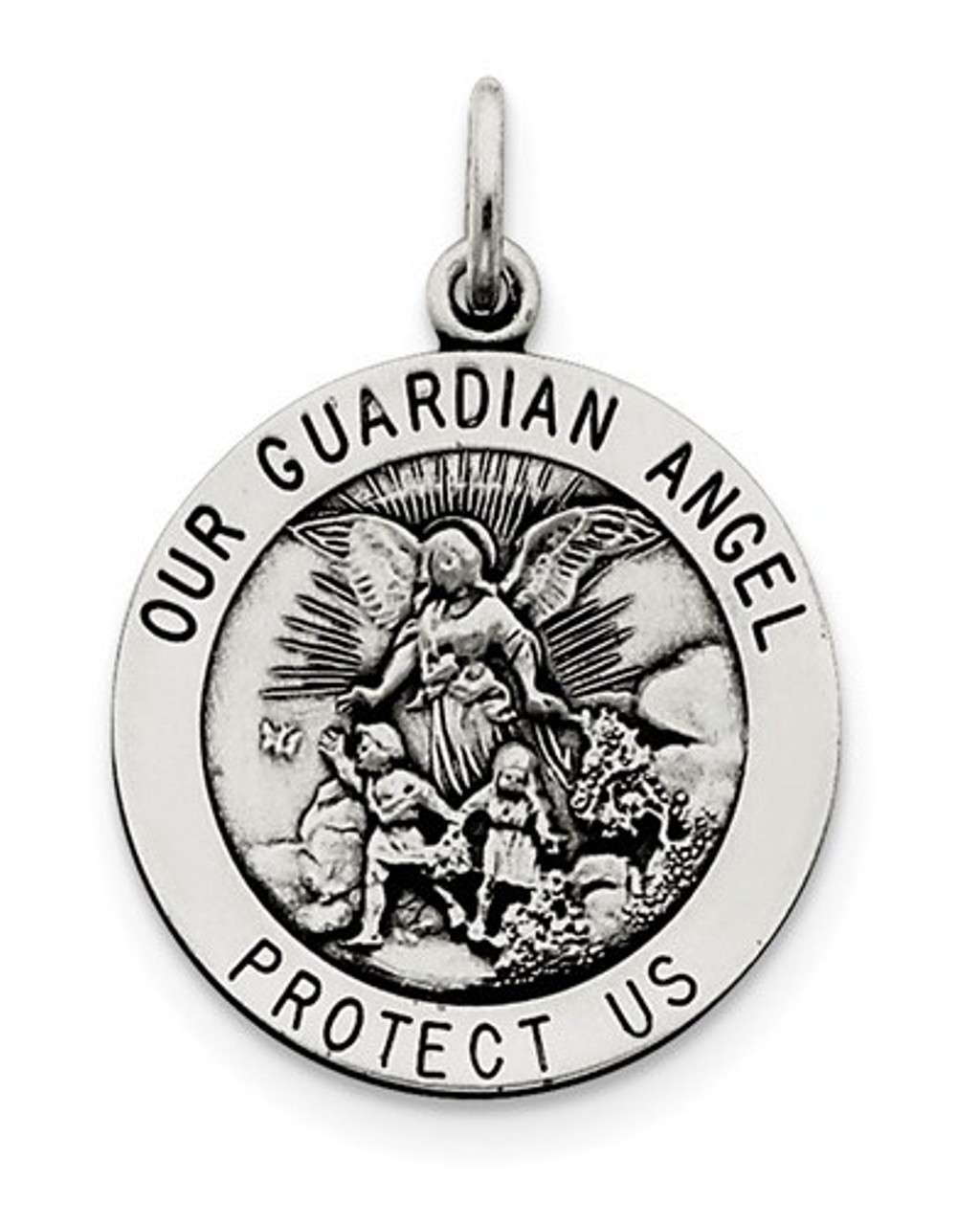 Sterling Silver Antiqued Guardian Angel Medal Charm Pendant (30X22 MM)