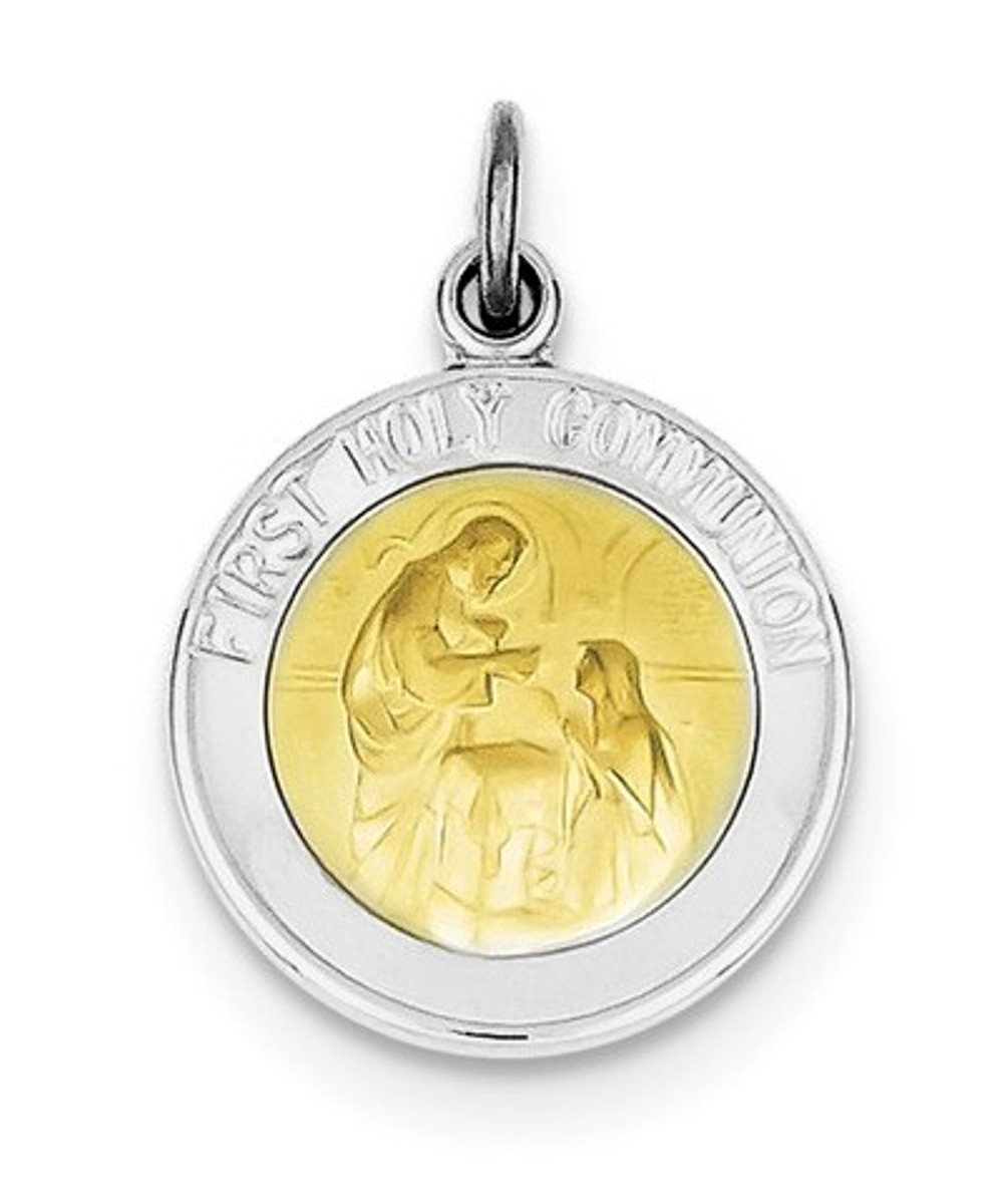 Rhodium-Plated Sterling Silver Vermeil Holy Communion Medal (25X22MM)