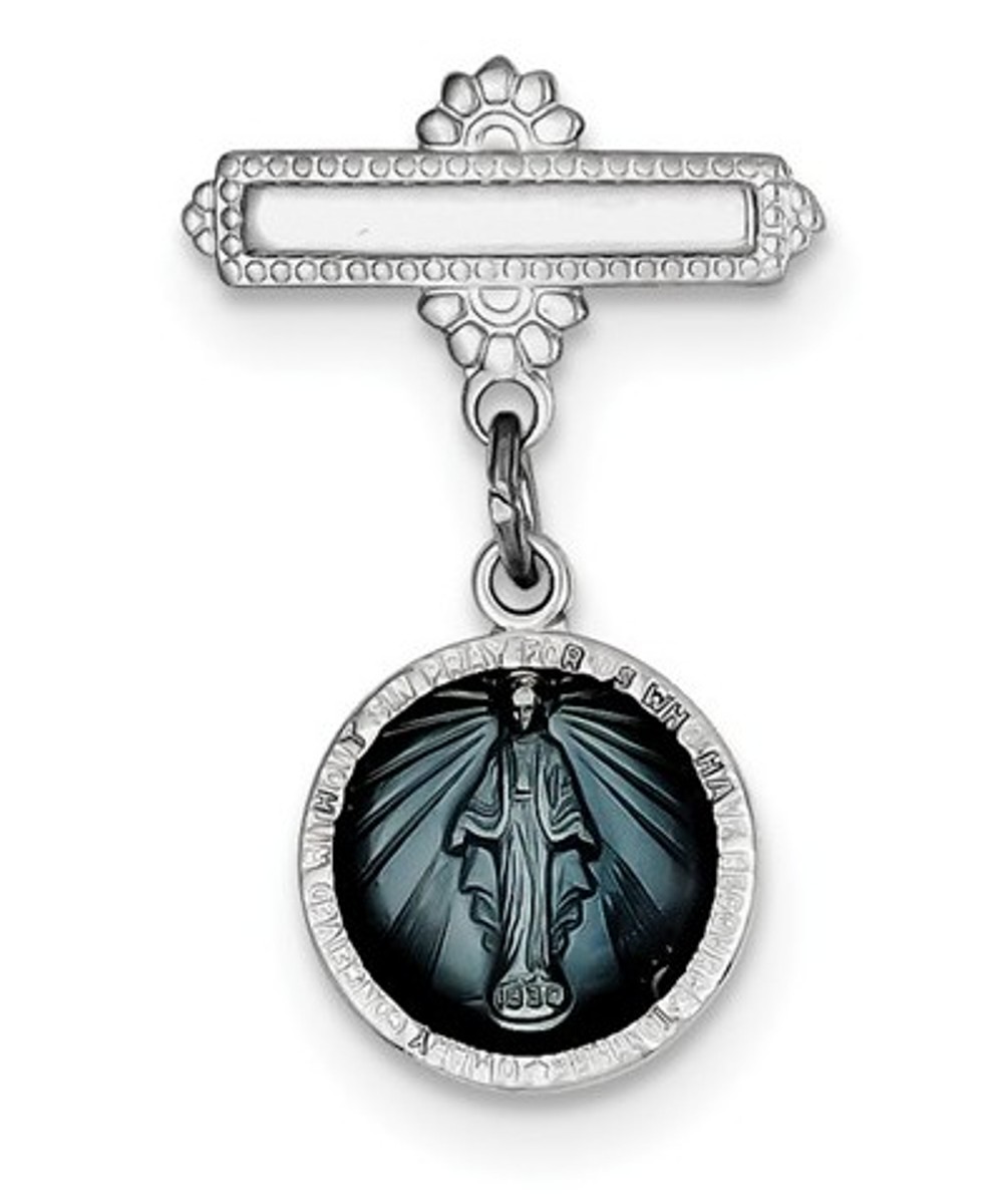 Rhodium-Plated Sterling Silver Enameled Miraculous Medal Pin (28X18MM)