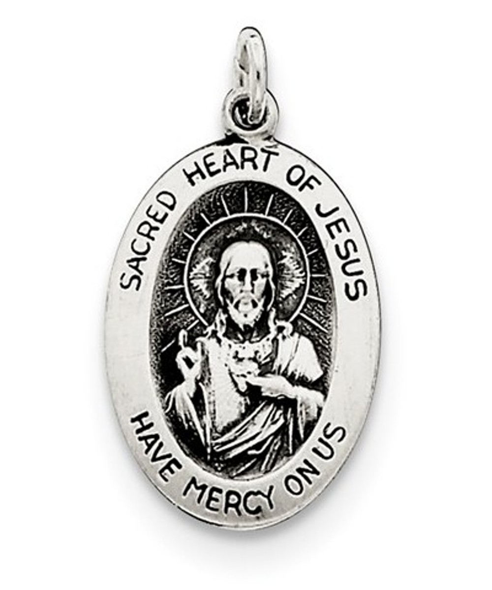 Sterling Silver Antiqued Sacred Heart Of Jesus Medal (22X15MM) 