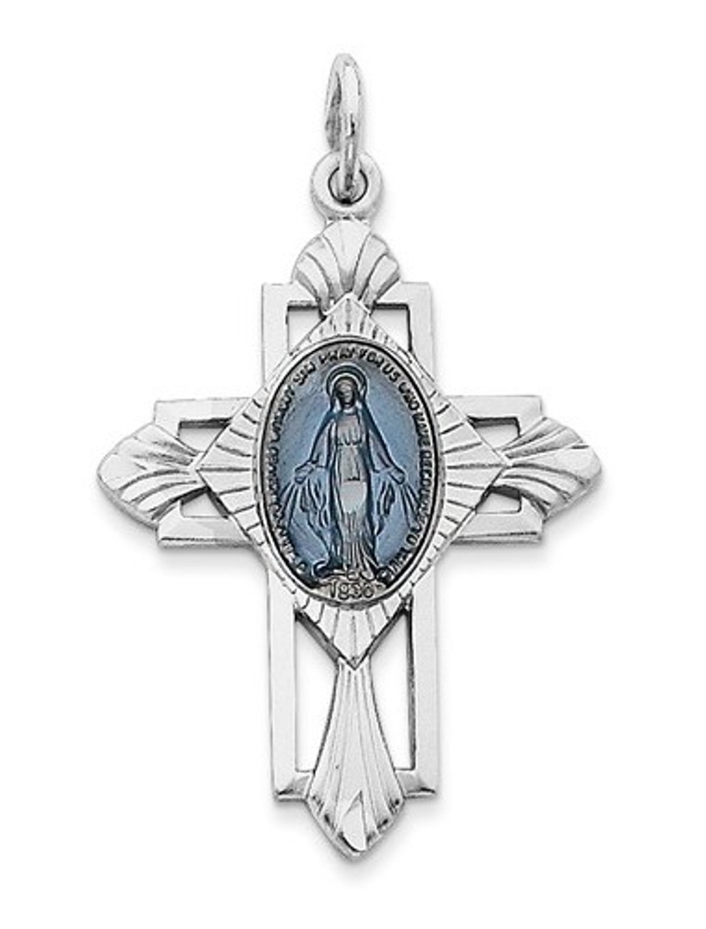 Rhodium-Plated Sterling Silver Miraculous Medal Cross Pendant (36X23MM)