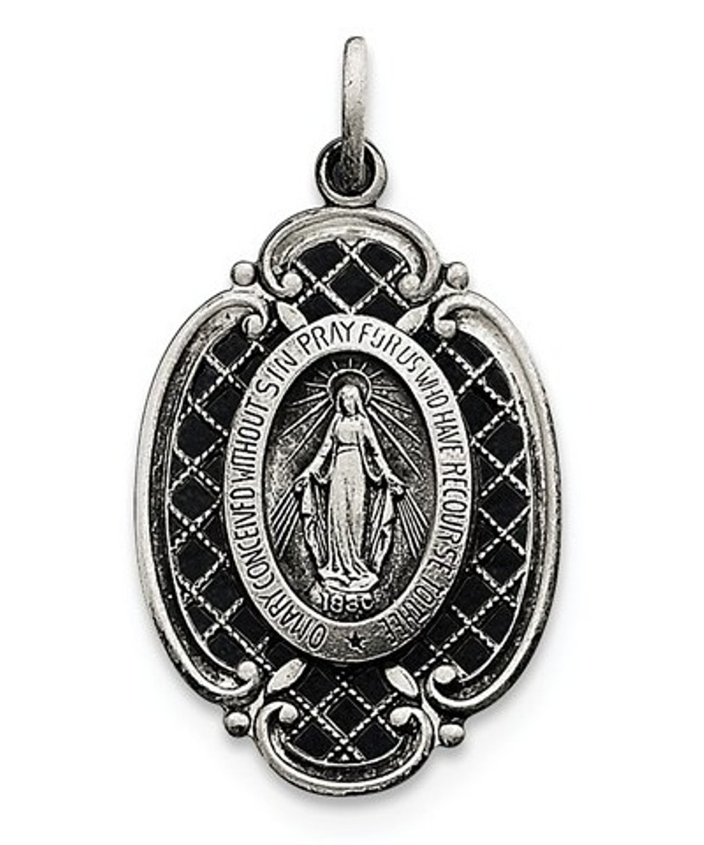 Sterling Silver Antiqued Miraculous Medal (33X18MM)
 img title=QC5508