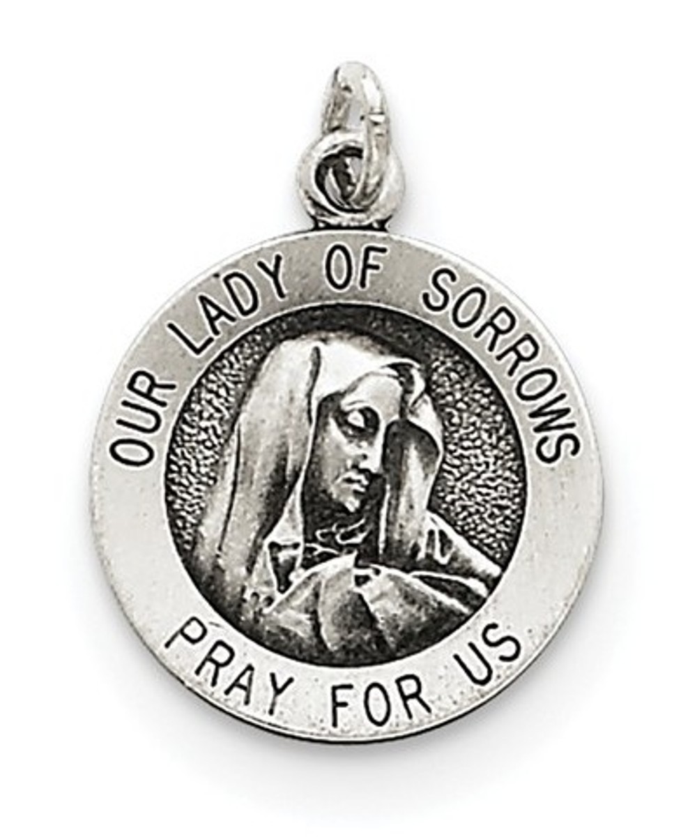 Rhodium-Plated Sterling Silver Antiqued Our Lady Of Sorrows Medal (20X15MM) 
