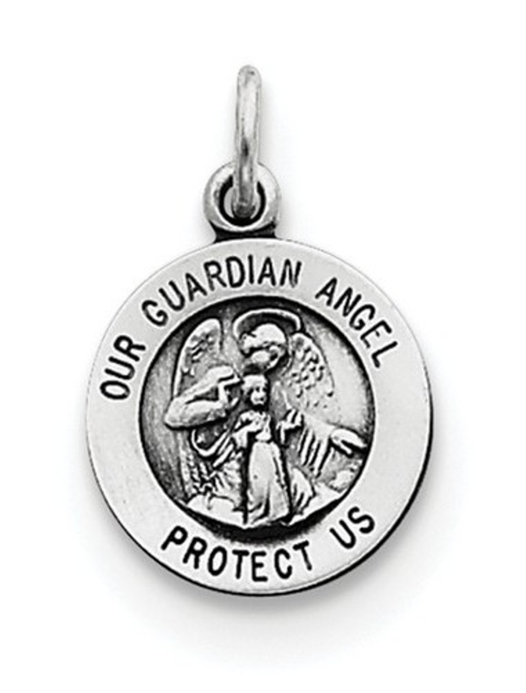 Sterling Silver Antiqued Guardian Angel Medal Charm Pendant (17X12 MM)