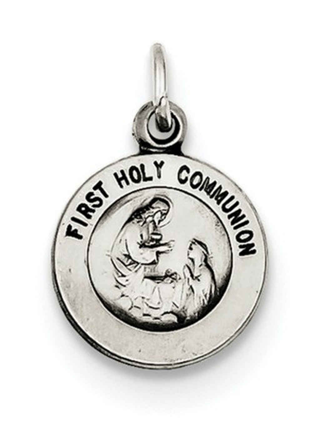 Sterling Silver Antiqued First Holy Communion Medal Charm Pendant (16X12 MM)