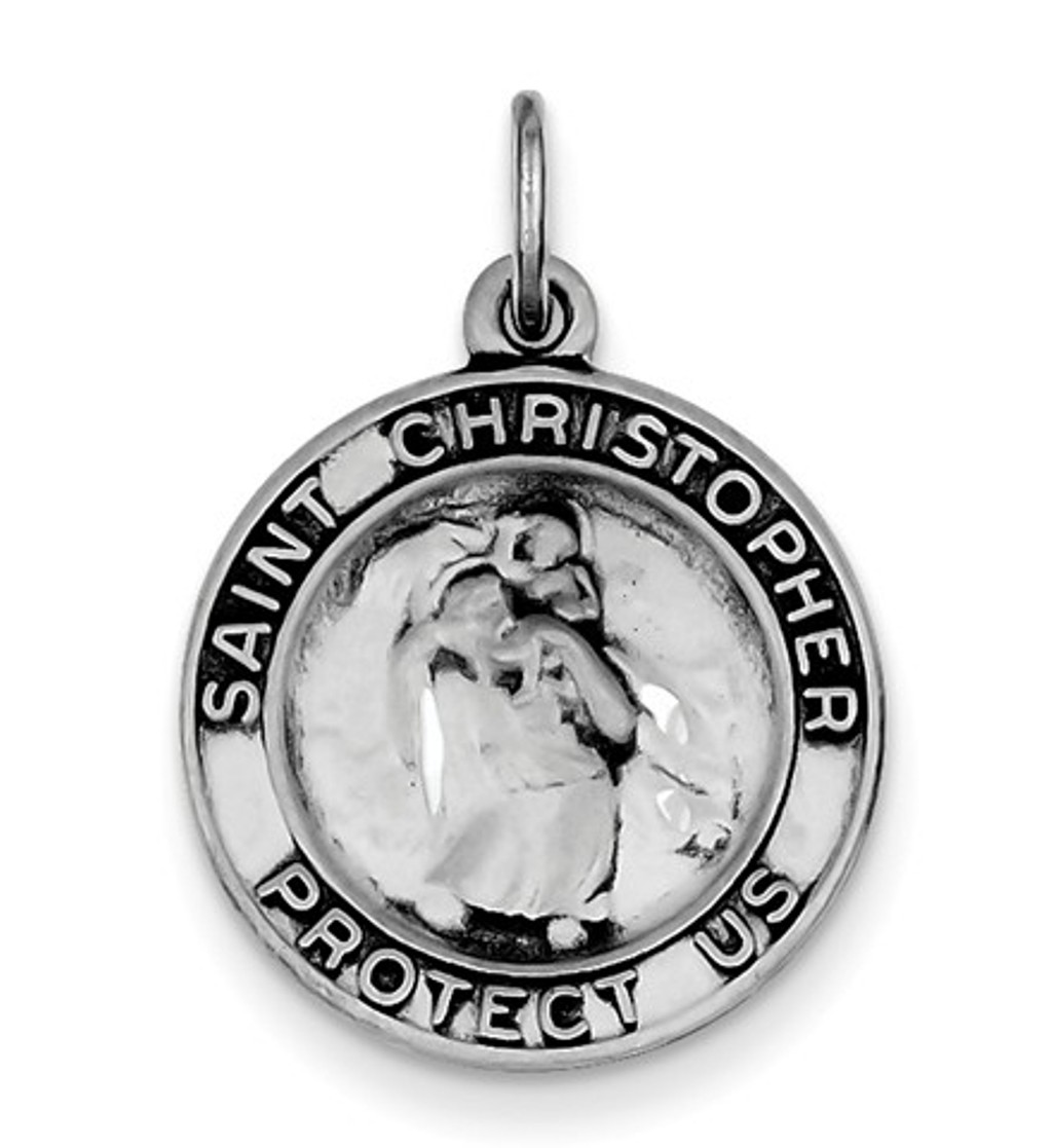 Sterling Silver Round Antiqued St. Christopher Medal Pendant