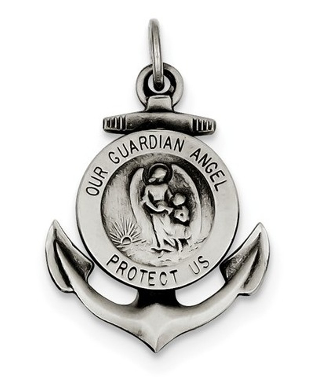 Sterling Silver Antiqued Guardian Angel On Anchor Medal Pendant (27X20MM)