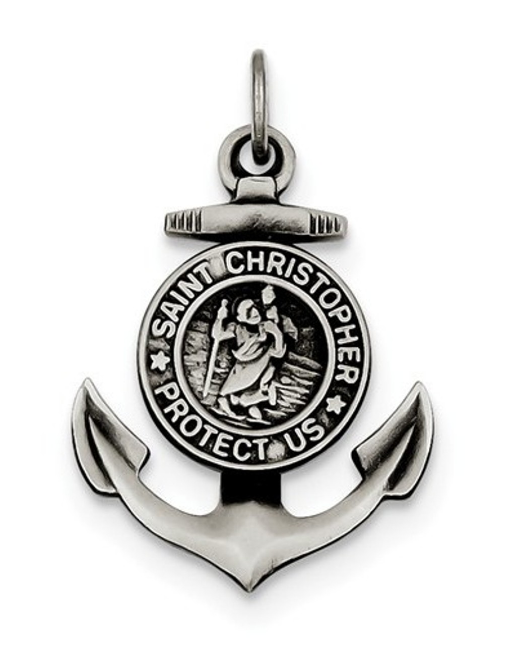 Sterling Silver Antiqued Satin St Christopher Anchor Medal Charm Pendant (33X20 MM)