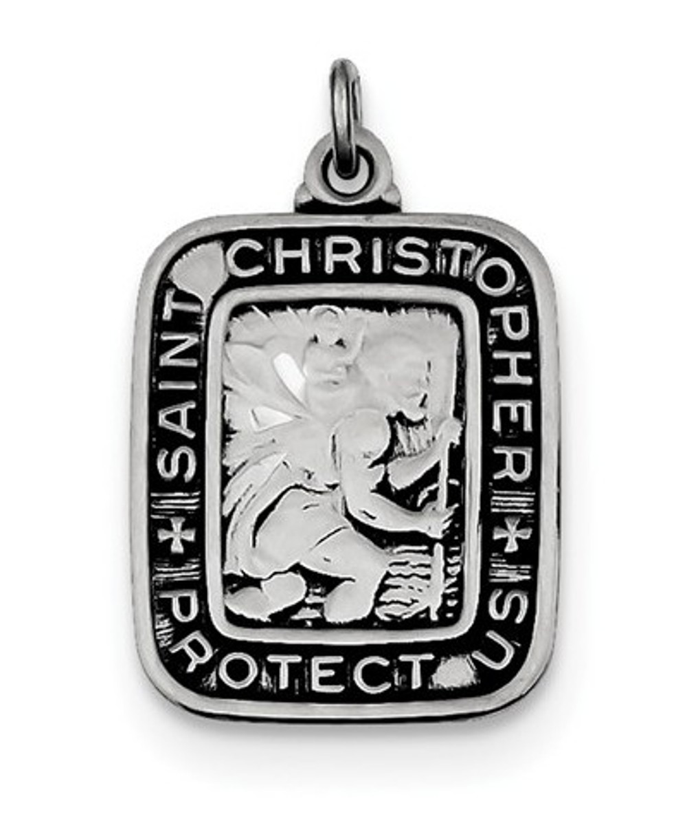 Sterling Silver Antiqued Square St. Christopher Medal Pendant (21X15MM)
