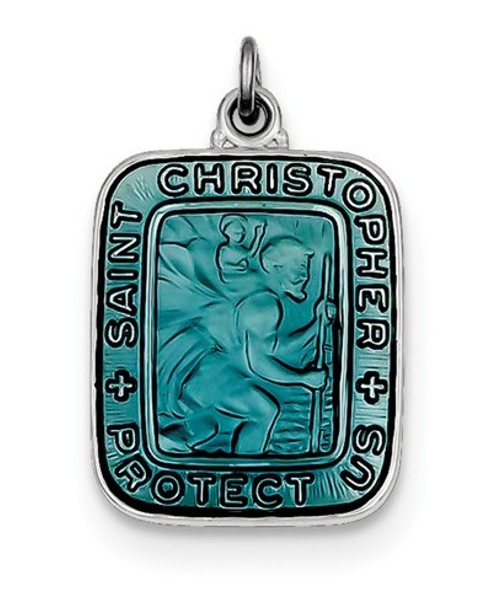 Sterling Silver Blue Enamel Square St. Christopher Medal Pendant (21X15MM)
