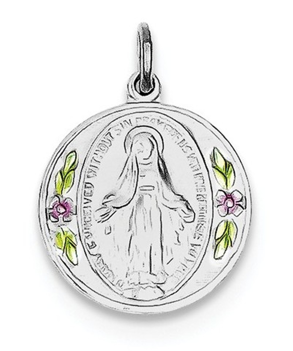 Rhodium-Plated Sterling Silver Epoxy Miraculous Medal Pendant (16X14MM)