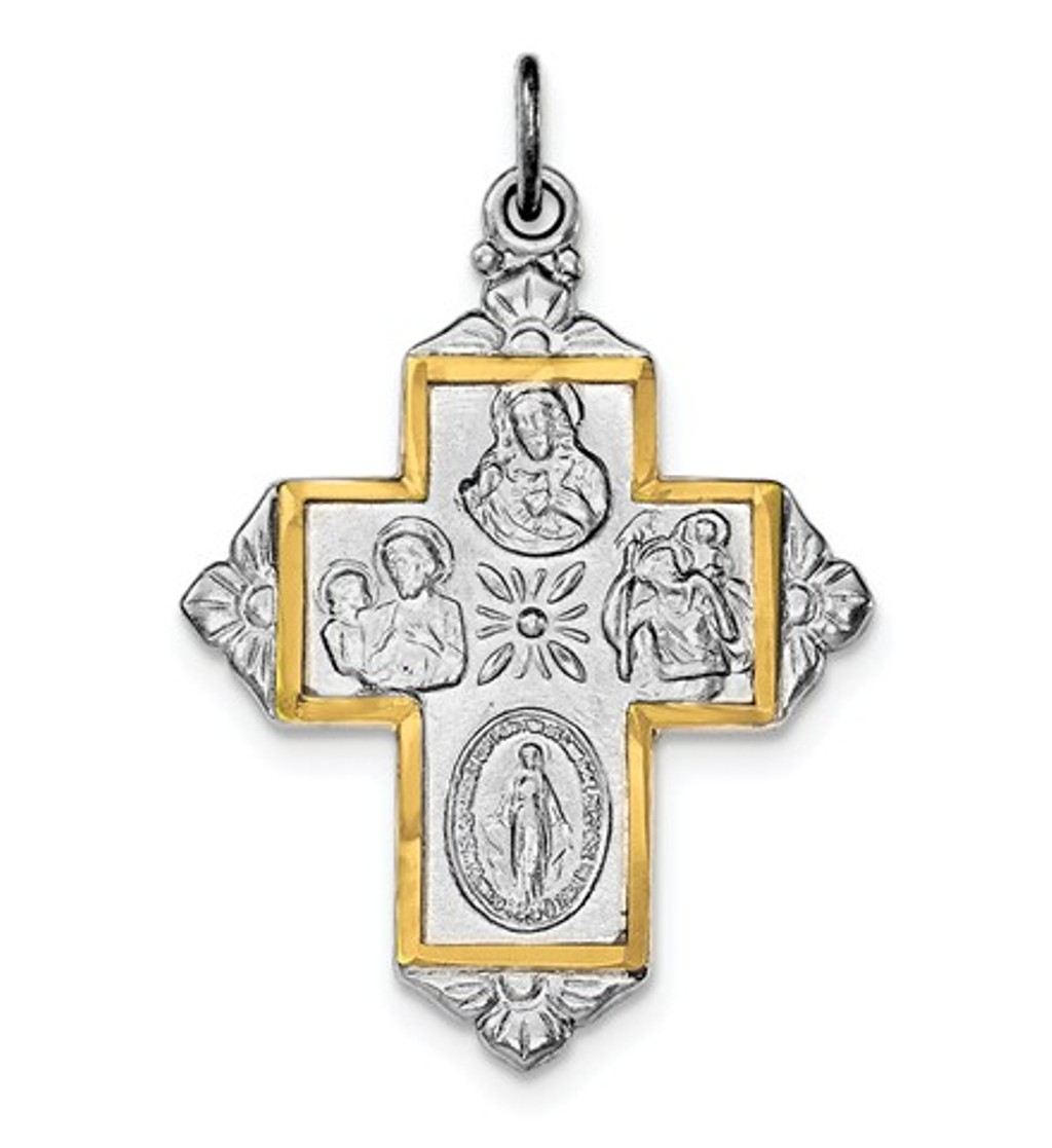 Sterling Silver Rhodium-plated and Gold-tone 4-Way Medal Cross Pendant