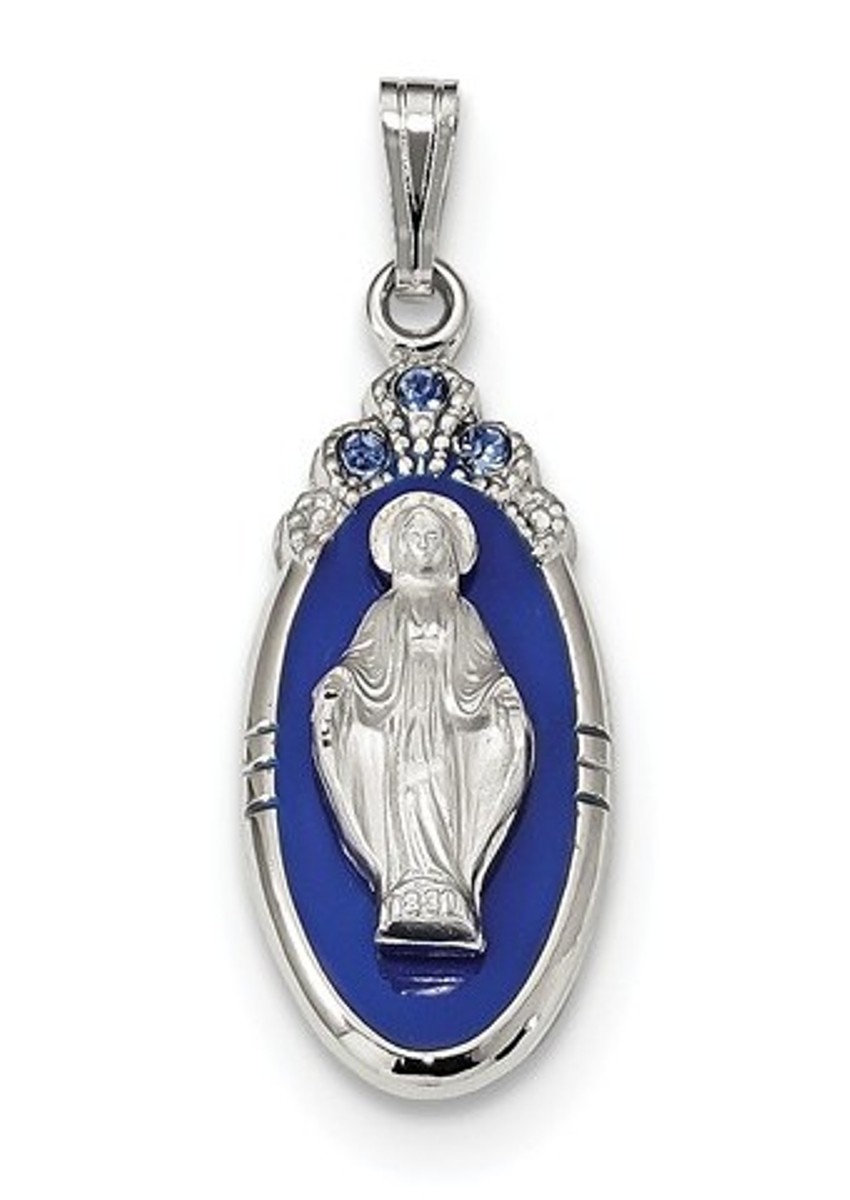 Sterling Silver Satin And Diamond-Cut Epoxy And Crystal Miraculous Medal Pendant (25X10.5MM)
 img title=QC9113