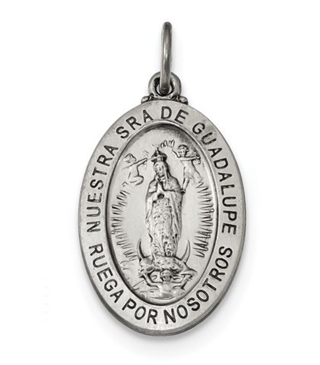 Sterling Silver Satin Antiqued Spanish Lady of Guadalupe Medal Pendant