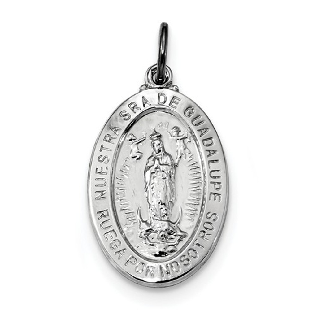 Sterling Silver Rhodium-Plated Spanish Lady of Guadalupe Medal Pendant