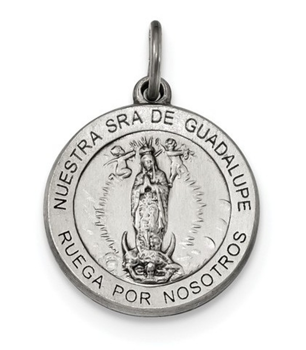 Sterling Silver Satin Antiqued Spanish Lady Of Guadalupe Medal Pendant (21X18.5MM)
 img title=QC9120