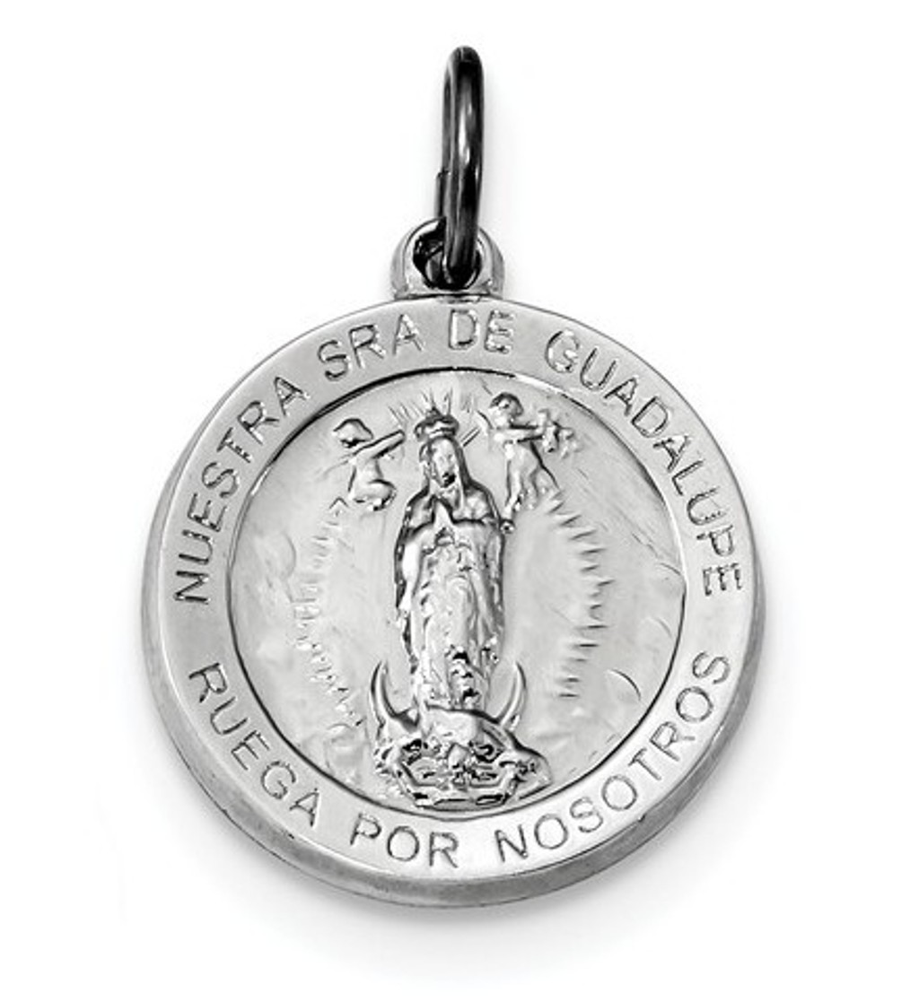 Sterling Silver Rhodium-plated Spanish Lady of Guadalupe Medal Pendant