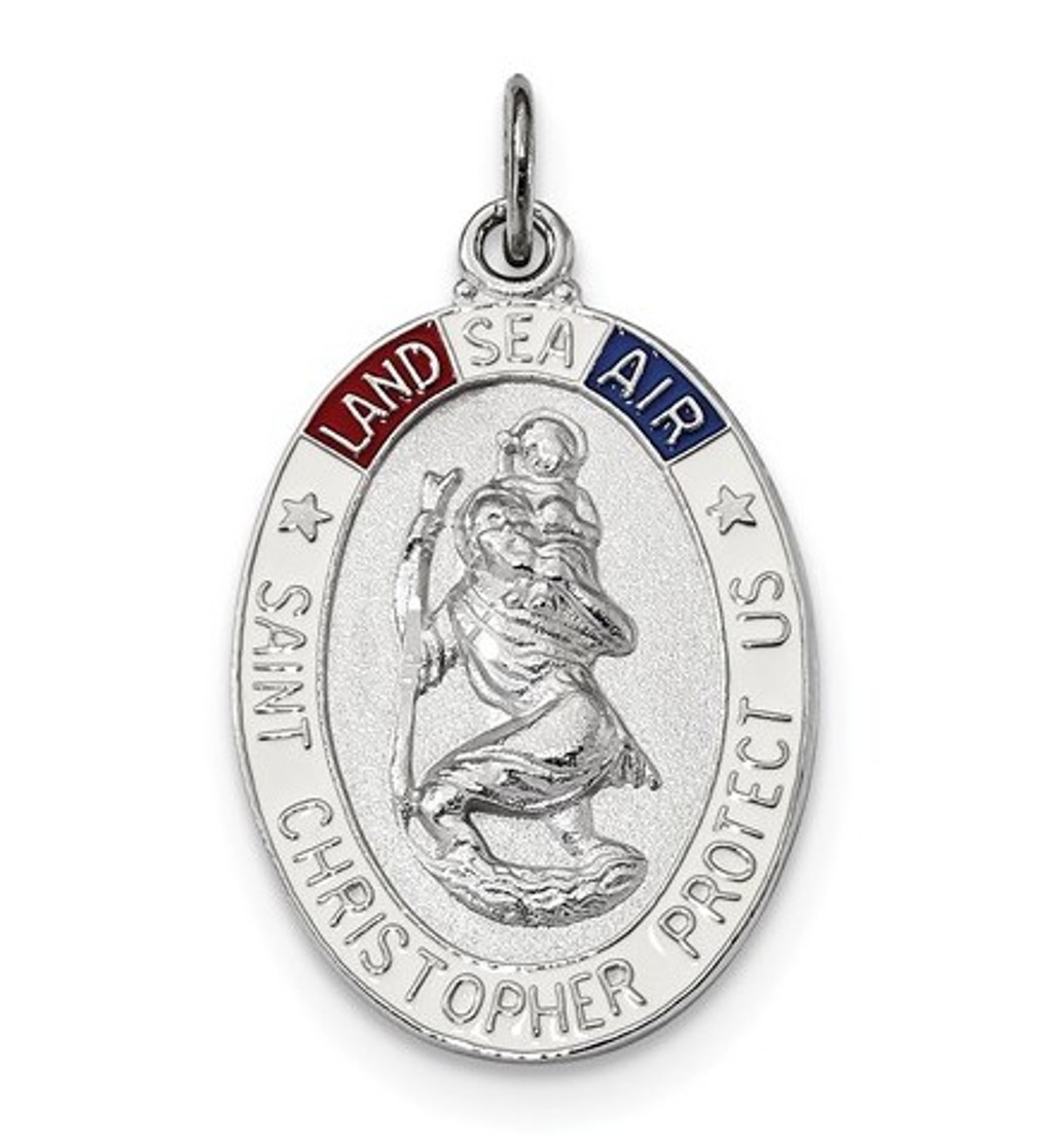 Sterling Silver Satin/Polished/D/C Enamel St Christopher Medal